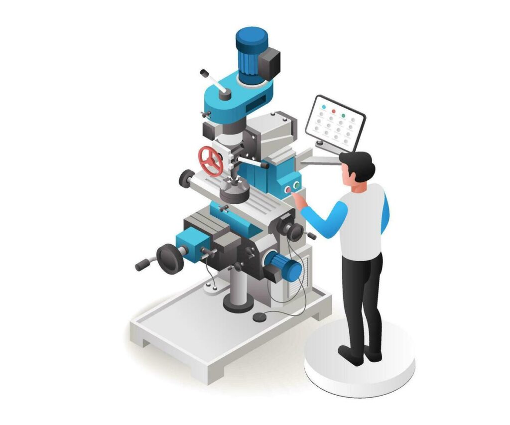 Isometric illustration of a CNC machine operator in a factory setting.